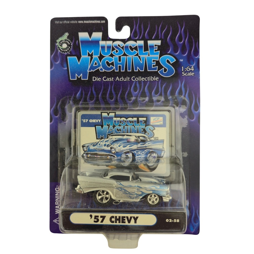 Vintage Muscle Machines 57 Chevy Die Cast Car 1/64 Silver Blue Flames 02-58